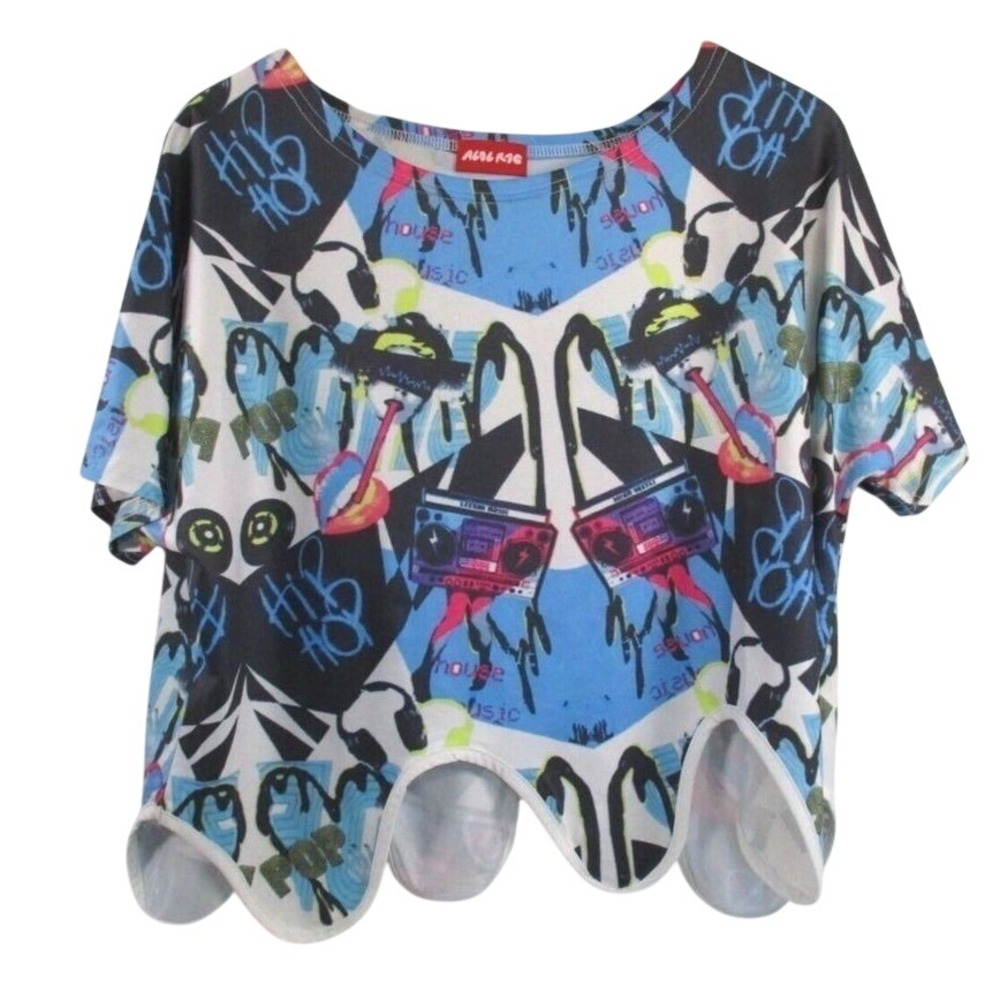 ACDC Rag Womens Scallop Hem Short Sleeve Shirt sz L Multicolor Hip Hop Harajuku